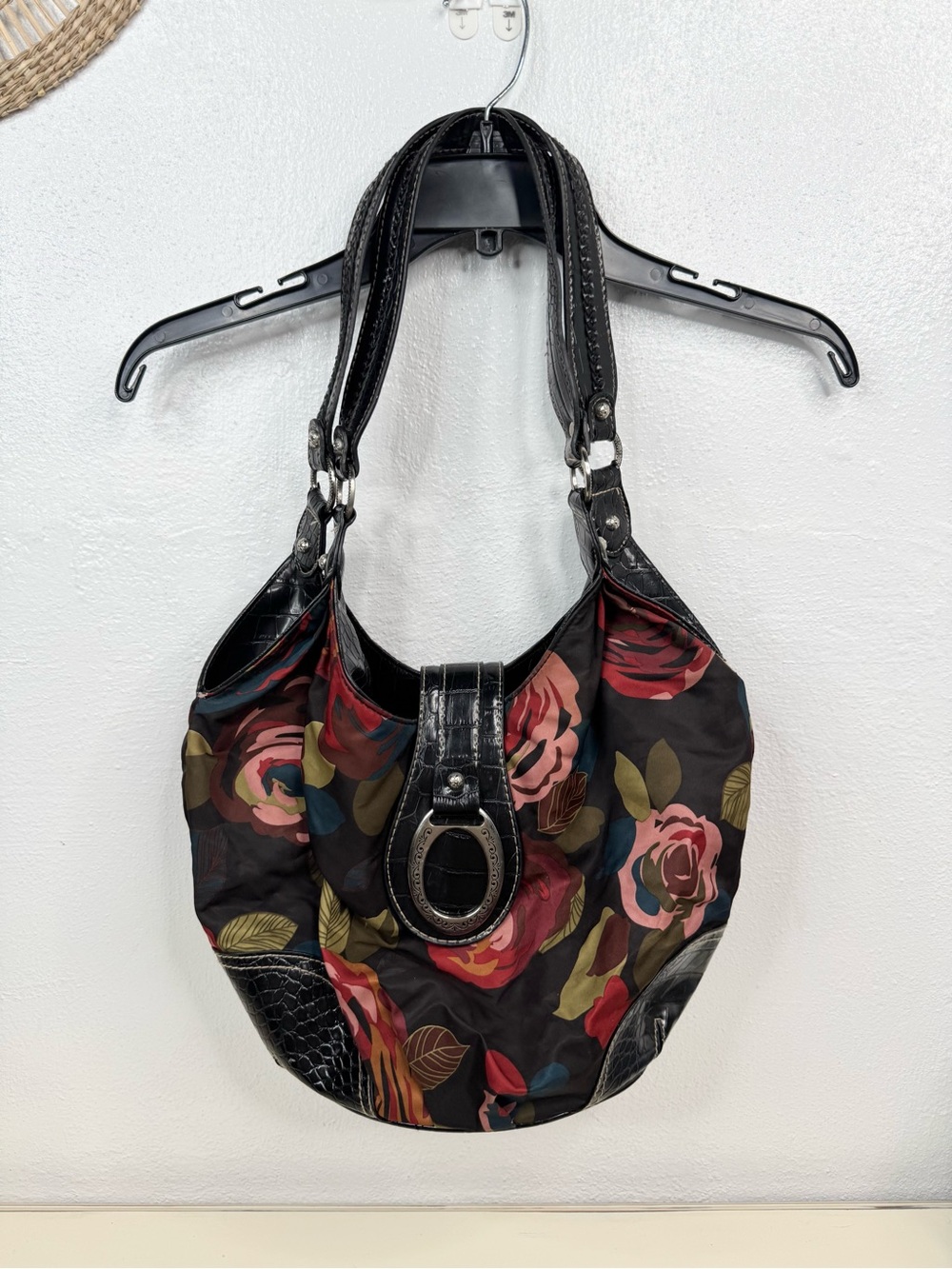 Floral Hobo Y2K Shoulder Bag Womens Large Black Buckle Zip Pocket
